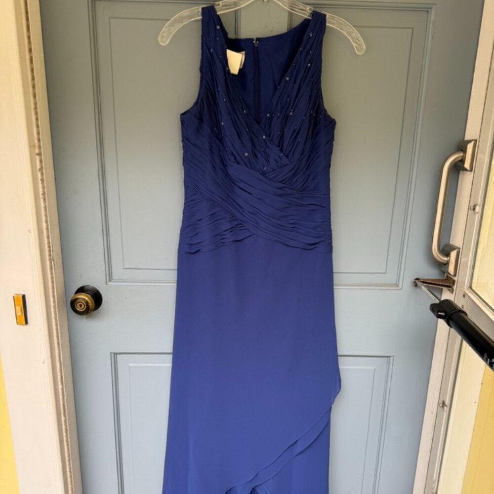 Royal blue sleeveless, high-low beaded formal gown